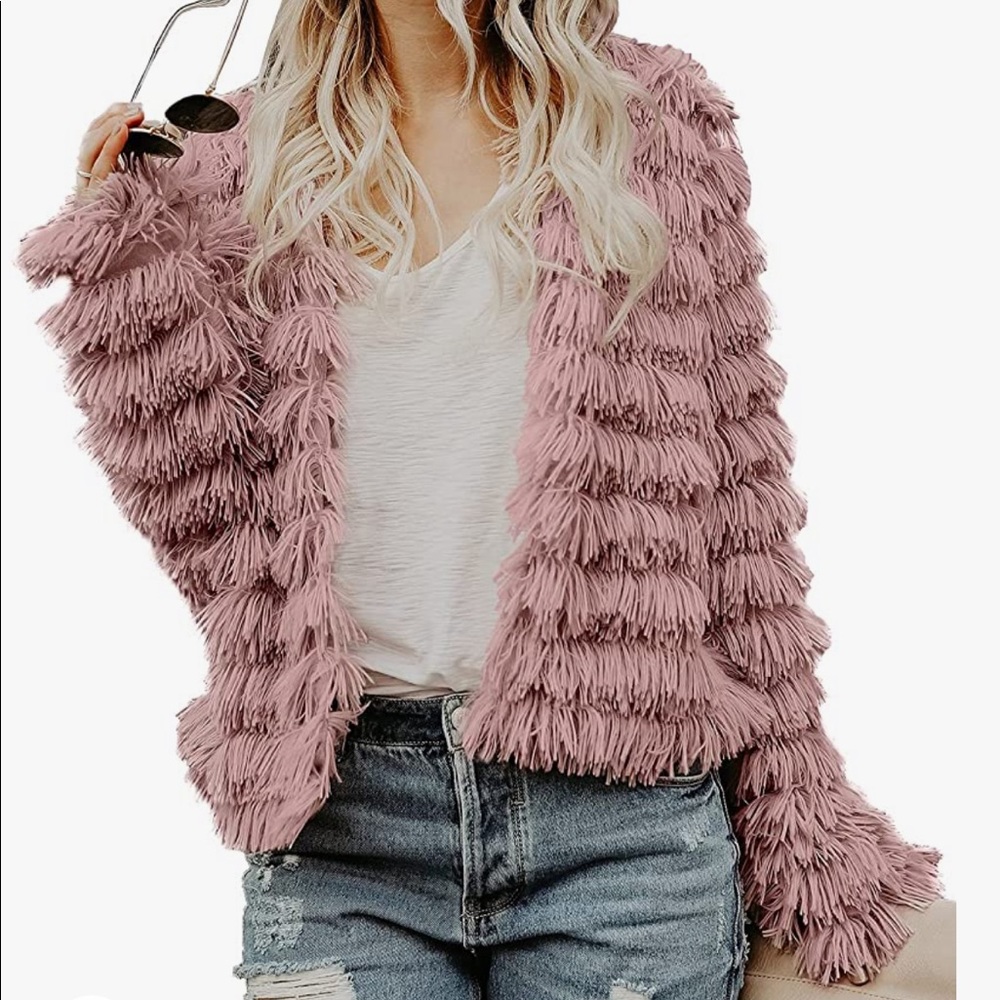 Open Front Pink Faux Fur Cardigan Parka Shaggy Jacket Coat